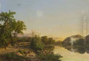 Italienische Flusslandschaft Mit Wanderern Und Fischerbooten