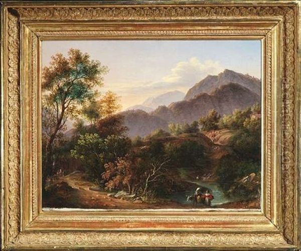 Sudlandische Berglandschaft Im Licht Der Abendsonne, Die Durch Reizvolle Figurenstaffage Belebt Wird - view 1