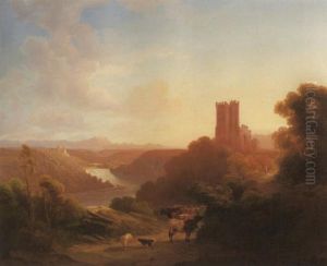 Weite Bewaldete Fluslandschaft Im Abendlicht. Vorn Eine Viehherde