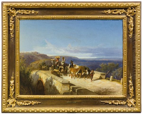Farmers Crossing A Stone Bridge - view 1