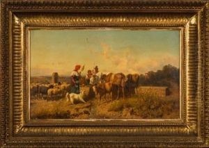 Cattle, Sheep And Farmers At A Watering Trough, A Shepherdess And Dog In The Foreground