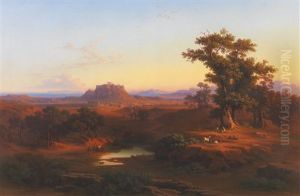 Shepherds In A Bucolic Athenean Landscape With The Acropolis And Piraeus Beyond