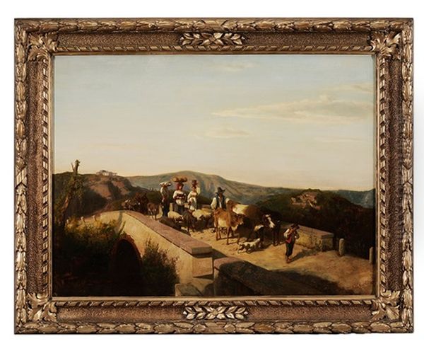 Italian Campagna Scene With Figures Crossing A Bridge - view 1