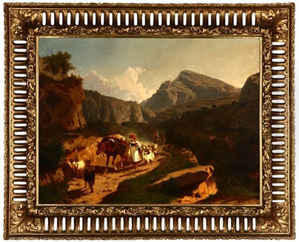 Figure, Horse-drawn Cart And Goats Along A Mountain Path In An Expansive European Landscape - view 1