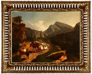 Figure, Horse-drawn Cart And Goats Along A Mountain Path In An Expansive European Landscape