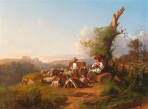 Rastende Hirtenfamilie In Der Campagna Umgeben Von Ihrer Schafherde