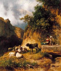 Italiai Taj Hegyi Forrasnal Piheno Pasztorlannyal (italian Landscape With A Shepherdess, Resting By The Mountain Spring) by Andras Marko
