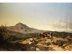 Italienische Campagnalandschaft Bei Rom Mit Kuhen Und Einem Hirten by Andras Marko