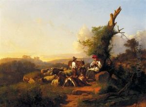Piheno Pasztorcsalad Italiai Tajban (resting Shepherd Family In Italian Lansdscape) by Andras Marko