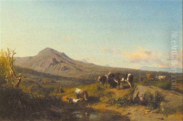 Alpine Landscape With Cattle And Dog - view 1