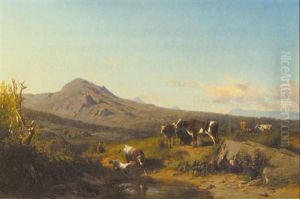 Alpine Landscape With Cattle And Dog by Andras Marko