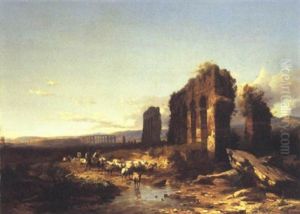 Goatherders And Goats In The Roman Campagna by Andras Marko