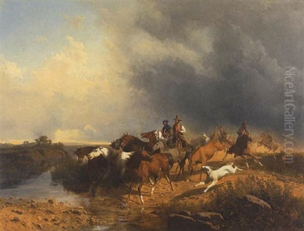 Wildpferde Und Reiter In Flusslandschaft - view 1