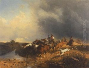 Wildpferde Und Reiter In Flusslandschaft