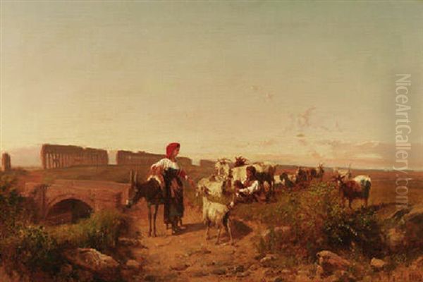 In Der Campagna - Ziegenhirte Mit Seiner Herde Und Eine Vorbeikommende Junge Frau Mit Einem Esel Vor Den Ruinen Eines Romischen Aquadukts - view 1
