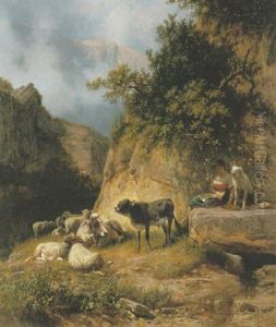 Shepherdess With Her Flock In Mountainous Landscape Shepherdess With Her Flock In Mountainous Landscape