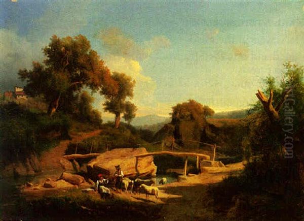 Shepherd With His Flock Resting By Stream - view 1