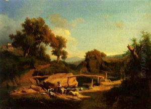 Shepherd With His Flock Resting By Stream by Andras Marko