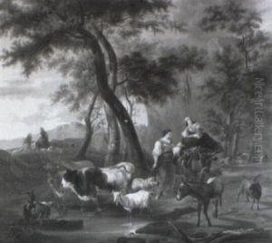 Hirten Mit Ihrer Herde In Italienischer Gebirgslandschaft by Andras Marko