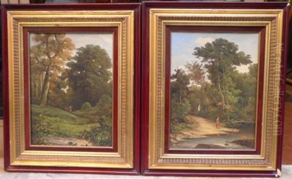 La Promenade Dans Le Bois Et Paysanne Pres D'une Riviere (pair) - view 1
