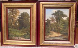 La Promenade Dans Le Bois Et Paysanne Pres D'une Riviere (pair) by Henry Marko