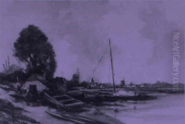 Estuary Town With Windmills And Boats - view 1