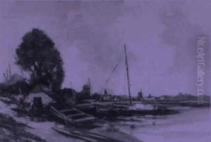 Estuary Town With Windmills And Boats by Antoon Markus