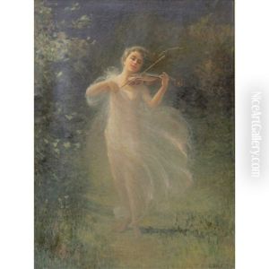 Woman With Violin In A Forest Clearing by Hamilton Irving Marlatt