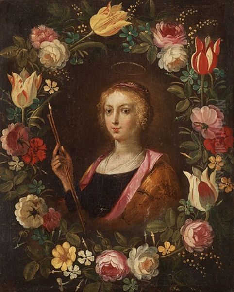 Cartouche Of Flowers With A Lady, Possibly Saint Ursula - view 1