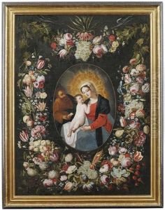 Die Heilige Familie In Einem Kranz Aus Blumen Und Fruchten
