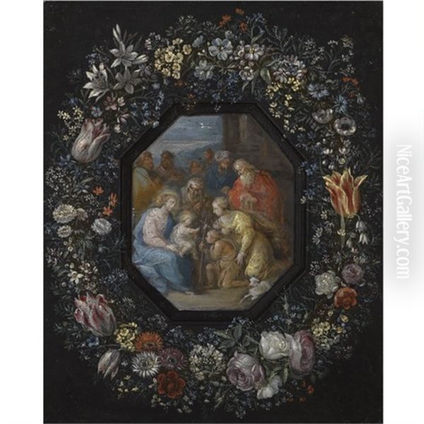 The Madonna And Child With Saint John, Saint Anne And Other Saints Within An Ornamental Cartouche Decorated With A Flower Garland (attributed To Frans Francken The Younger) - view 1
