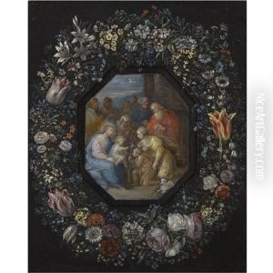 The Madonna And Child With Saint John, Saint Anne And Other Saints Within An Ornamental Cartouche Decorated With A Flower Garland (attributed To Frans Francken The Younger) by Philippe de Marlier