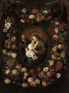 The Holy Family, Surrounded By Garlands Of Roses, Lilies, Tulips And Other Flowers, Apricots, Grapes, Plums, Apples, Cherries, Pears And Other Fruits by Philippe de Marlier