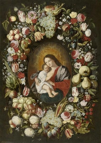 Blumen- Und Fruchtekranz Um Ein Bildnis Der Madonna Mit Kind - view 1