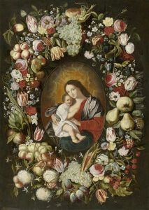 Blumen- Und Fruchtekranz Um Ein Bildnis Der Madonna Mit Kind by Philippe de Marlier
