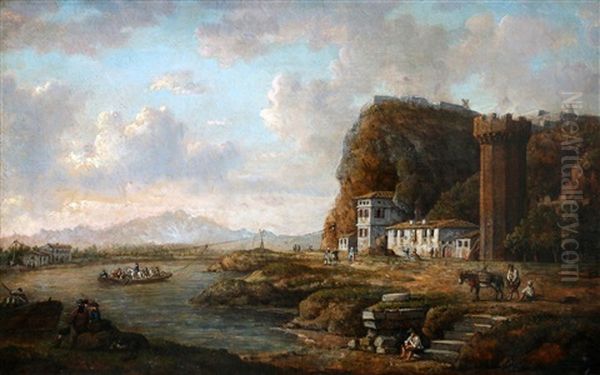 Frans Rivierlandschap Met Een Veerboot En Figuren Met Een Ezel, Vermoedelijk Ville Neuve Bij Avignon - view 1