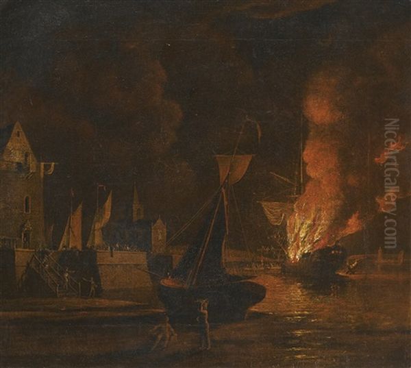 A Ship Ablaze At Night In A Town Harbour - view 1