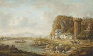 A River Landscape With A Ferry, Other Figures And A Donkey On The Bank, A Tower Beyond by William Marlow