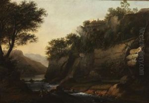 A Wooded River Landscape With Fishermen by William Marlow