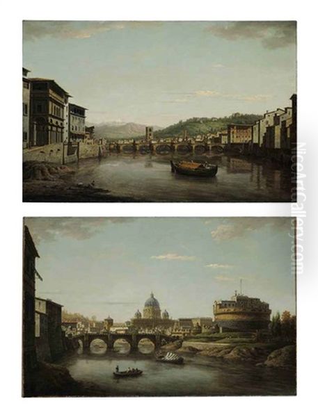 View Of Florence From The Ponte Vecchio Looking Up The Arno... (+ View Of Rome With Saint Peter's And The Castel Sant'angelo Seen From The Tiber; Pair) by William Marlow