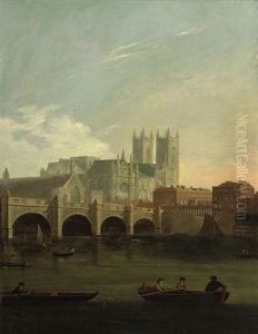 A View Of Westminster Bridge With Figures And Boats On The Thames