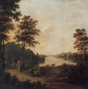 River Landscape With Figures And Animals On A Path, And A Distant Village