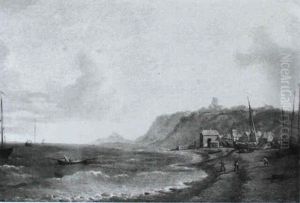 A View Of Folkestone With Figures And Boats by William Marlow