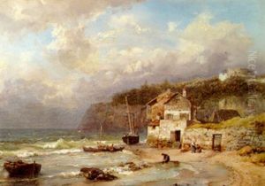 A Coastal Scene With Fishing Smacks, Figures On The Beach And A Storm Threatening Overhead