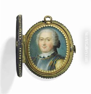A Nobleman In A Gilt-edged Breastplate With Blue Lining, Pale Yellow Coat And White Shirt, Wearing A Powdered Bag Wig; Green Background