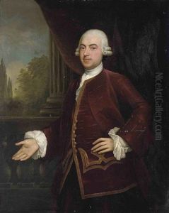 Portrait Of A Gentleman In A Red Coat And Gold Trimmed Waist Coat, A Landscape Beyond