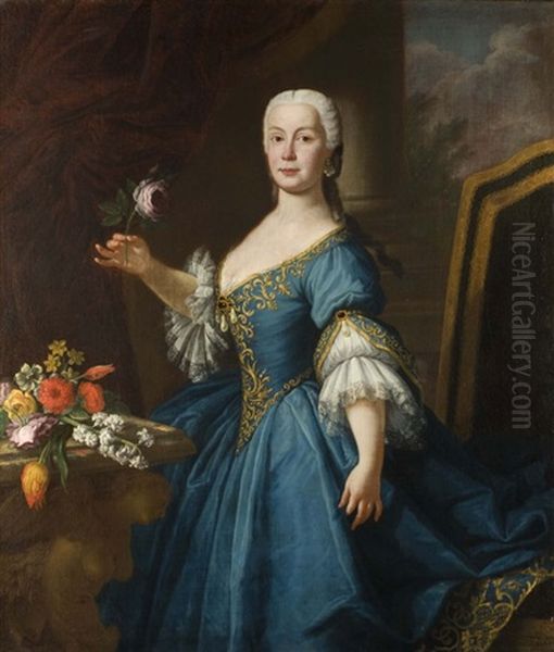 Bildnis Einer Adeligen Dame Mit Rose Und Blumenstrauss - view 1
