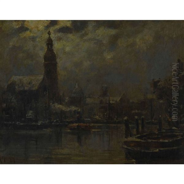 Winterlandschaft Mit Stadt Am Fluss - view 1