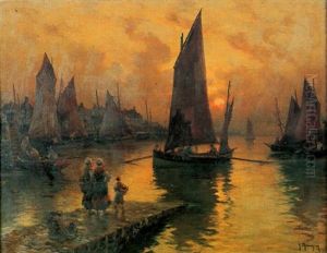 La Rentree Des Barques De Peche Au Soleil Couchant by Georges-Philibert-Charles Maroniez