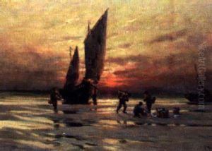 Fishermen Unloading Their Catch In The Sunset by Georges-Philibert-Charles Maroniez